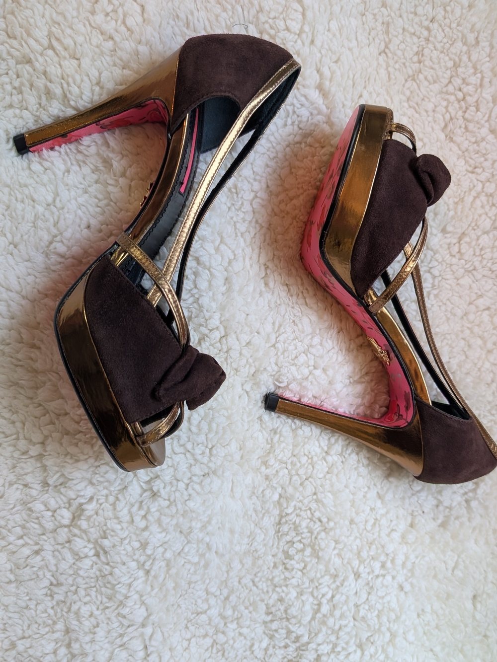 Betsey Johnson Brown Suede Open-Toe Heels with Gold Trim - Picture 4 of 6